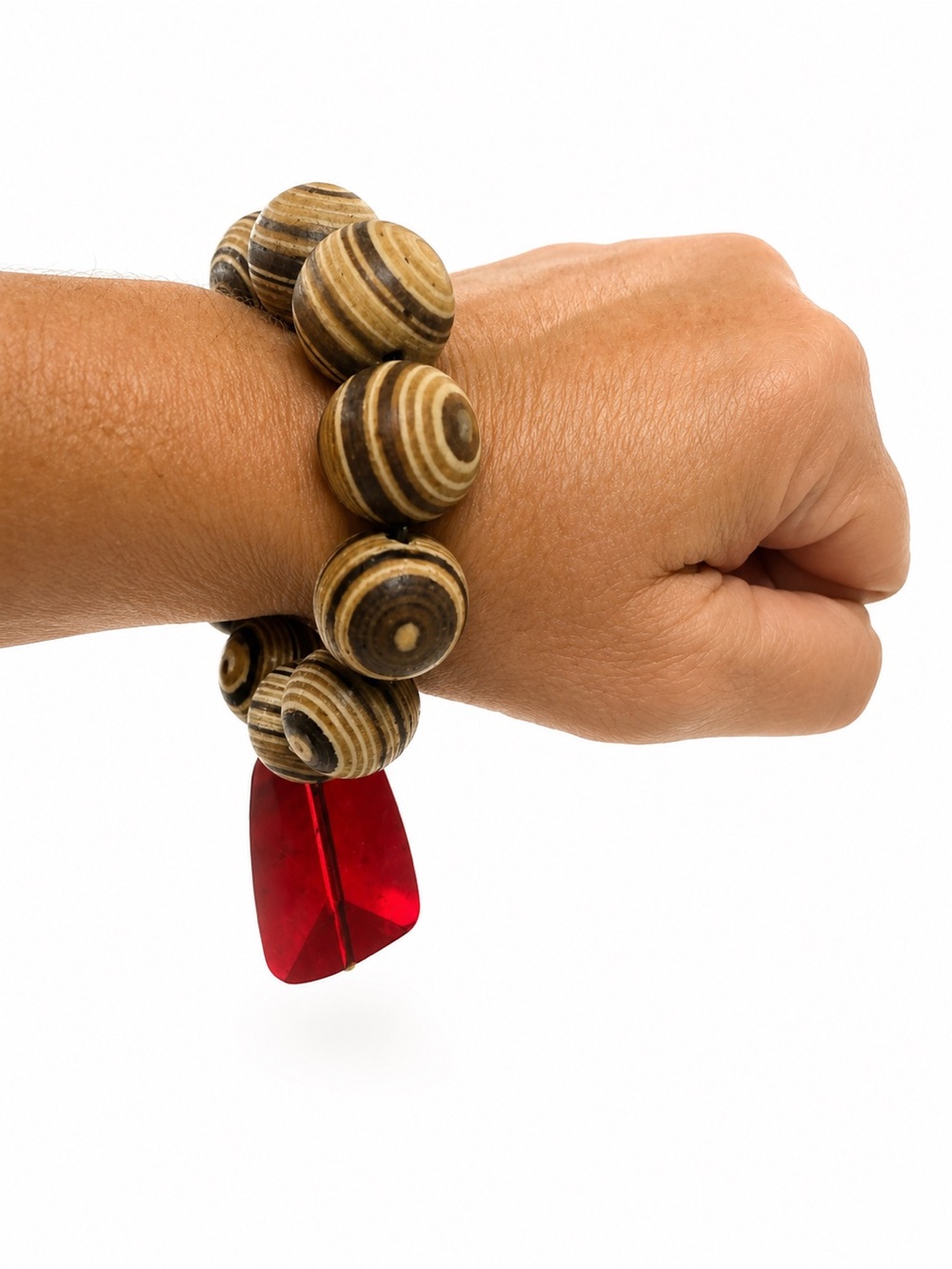 Vintage Wooden Bead Stretch Bracelet w/ Faceted Red Acrylic Dangle Charm